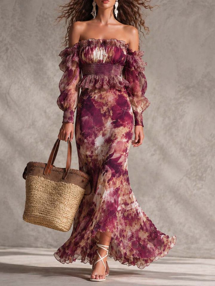 Abito Maxi i Chiffon Off-Shoulder Rosa Cipria con Fiori