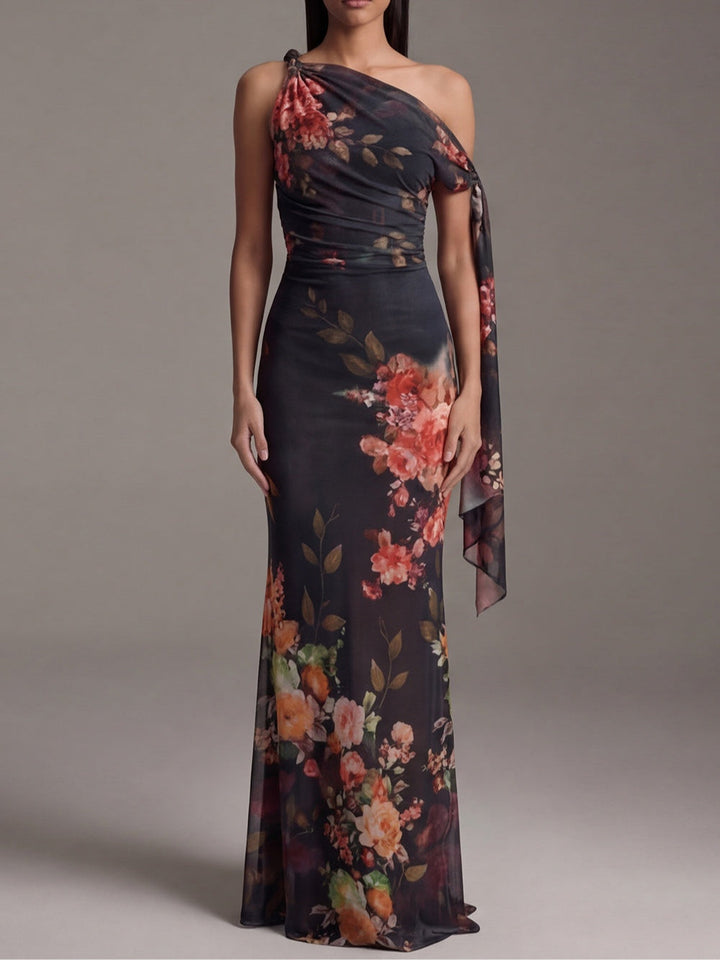 Abito Maxi Plissettato i Chiffon Stampato Nero con Spalla Scoperta