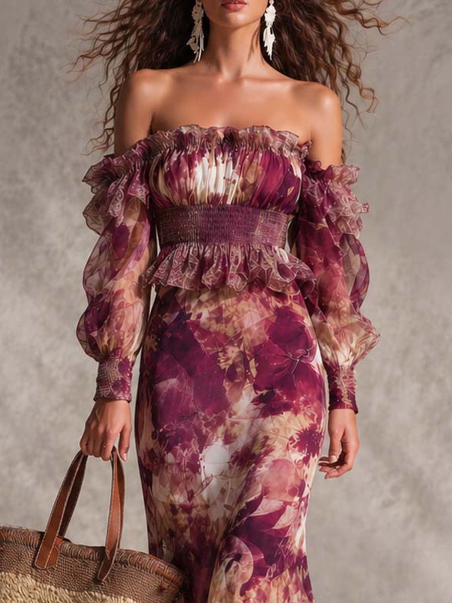 Abito Maxi i Chiffon Off-Shoulder Rosa Cipria con Fiori