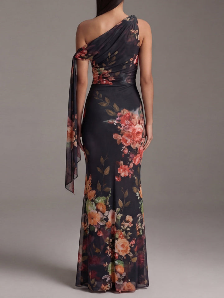 Abito Maxi Plissettato i Chiffon Stampato Nero con Spalla Scoperta