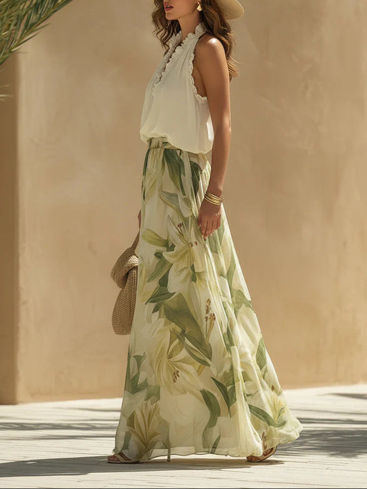 Lilla Chiffon Volang Top og Lilje Print Bukser Sæt