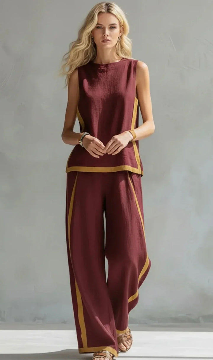 Ursula - Elegant og casual sæt med vest og bukser med tofarvede detaljer