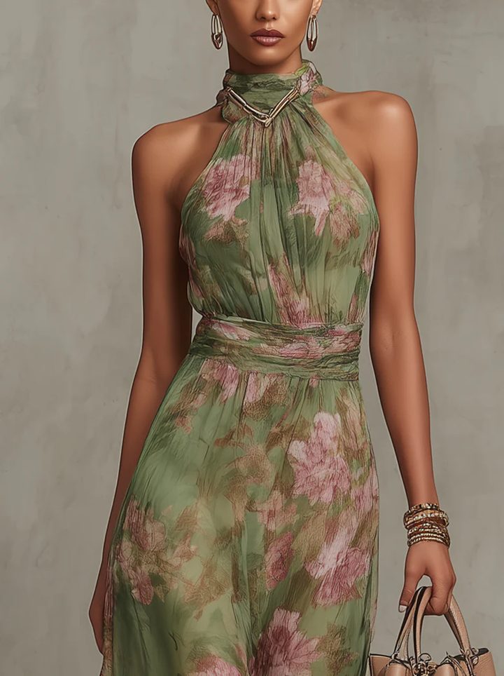 Abito Maxi Halter i Chiffon Grøn med Blomster
