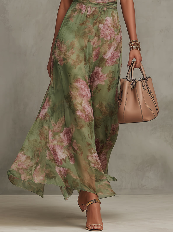 Abito Maxi Halter i Chiffon Grøn med Blomster
