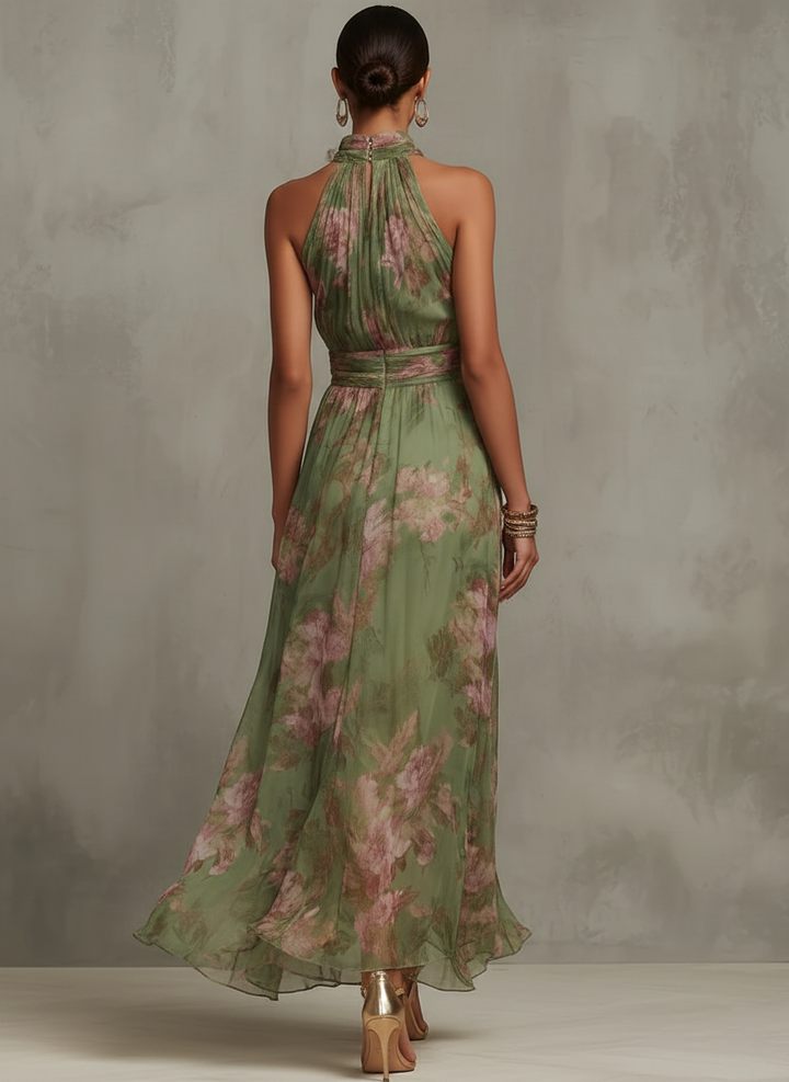 Abito Maxi Halter i Chiffon Grøn med Blomster
