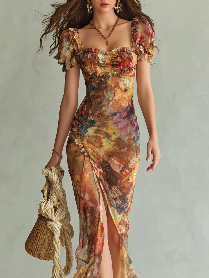 Abito Maxi Chiffon Print Oliven Boheme Orange