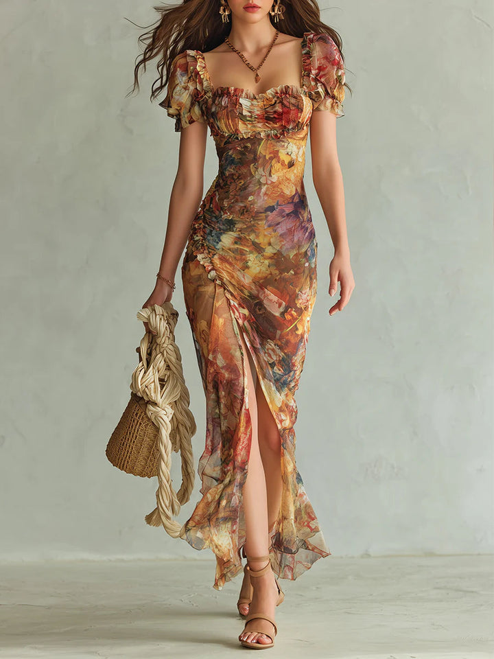 Abito Maxi Chiffon Print Oliven Boheme Orange