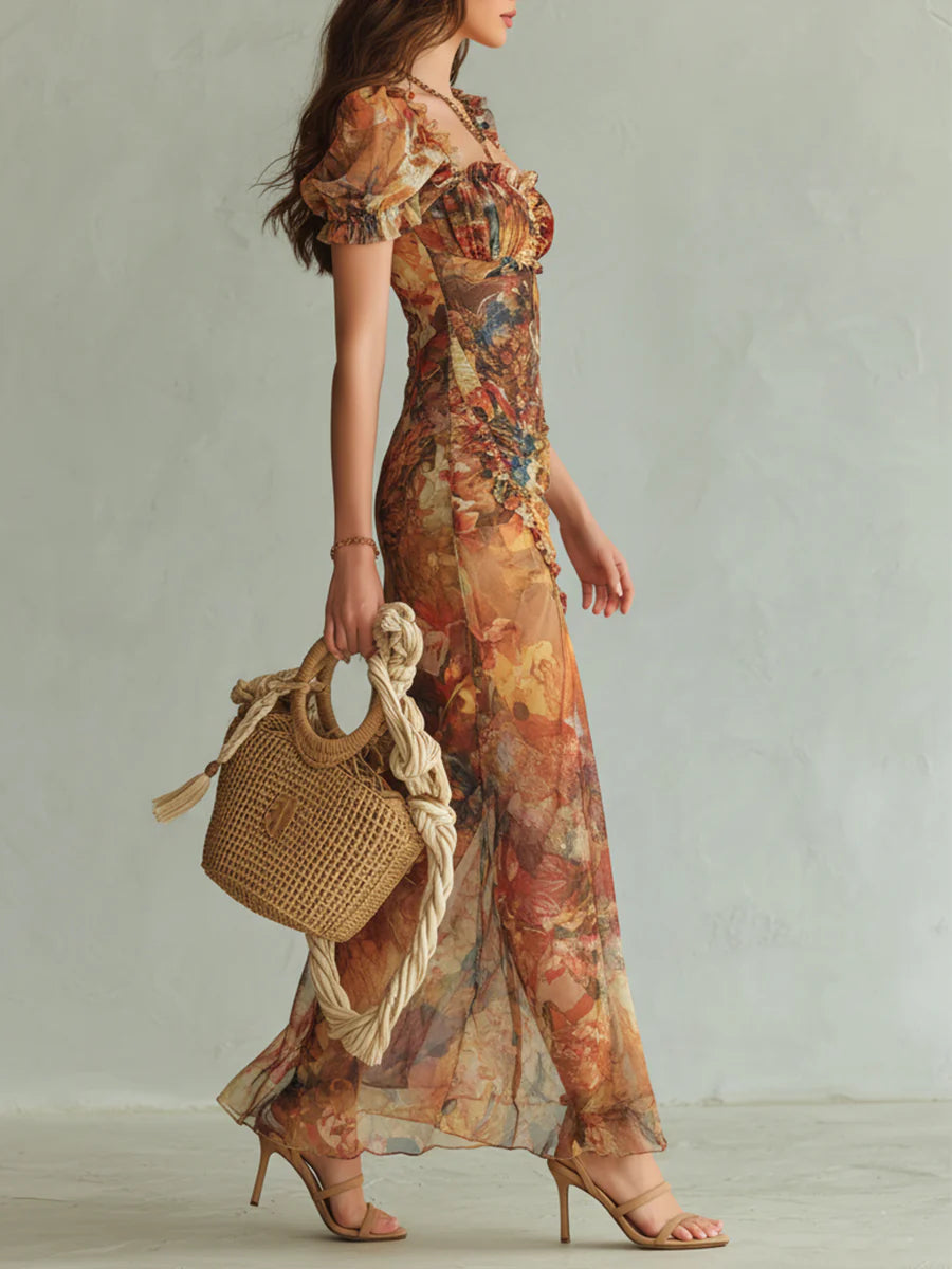 Abito Maxi Chiffon Print Oliven Boheme Orange