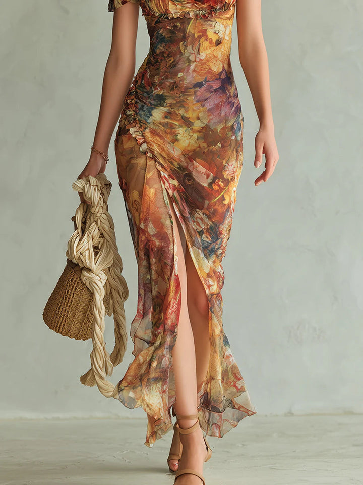 Abito Maxi Chiffon Print Oliven Boheme Orange