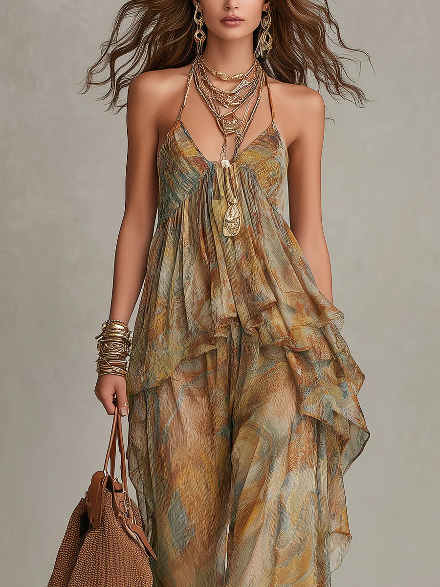 Sienna Chiffon Ruffled Camisole og Bukser med Vidde