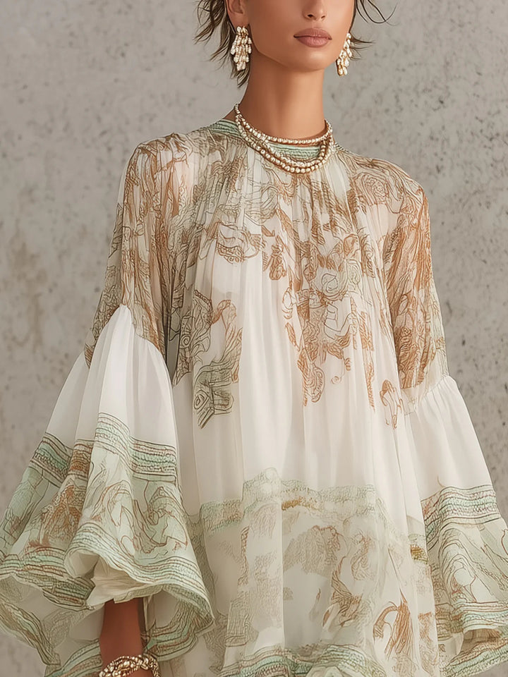 Abito Mini i Chiffon med Striber og Volangærmer
