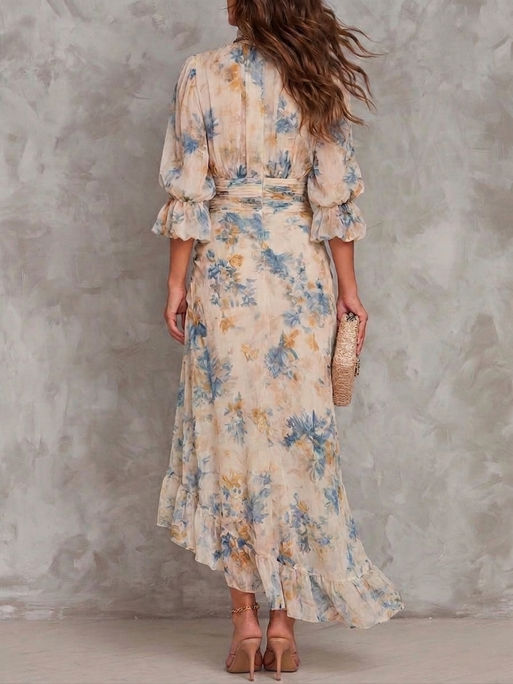 Abito Maxi i Chiffon Irregulær med Blomsterprint i Olie Høj Hals Beige