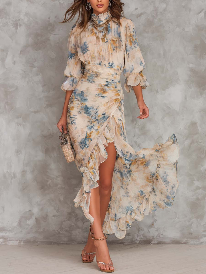 Abito Maxi i Chiffon Irregulær med Blomsterprint i Olie Høj Hals Beige