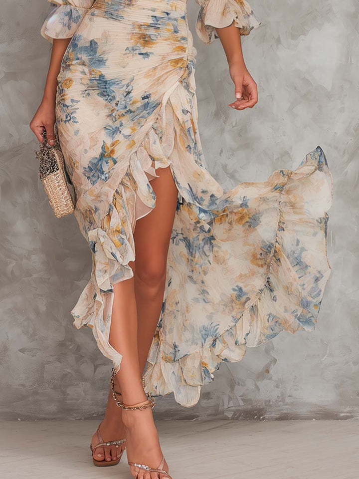 Abito Maxi i Chiffon Irregulær med Blomsterprint i Olie Høj Hals Beige