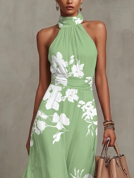 Abito Maxi A-line i Chiffon med Grøn Blomsterprint og Halterneck