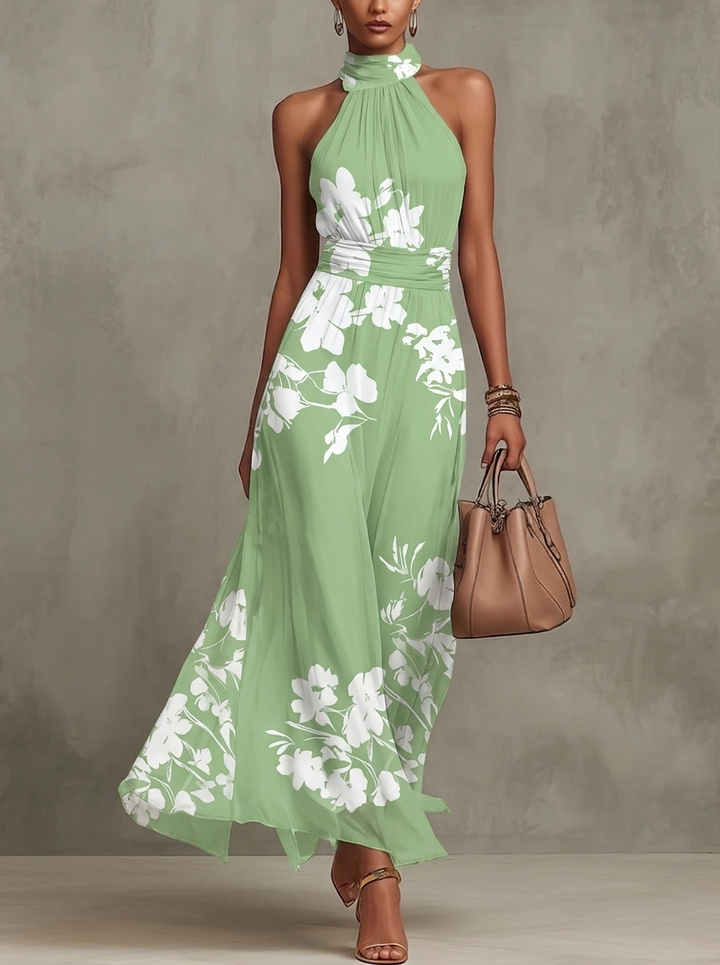 Abito Maxi A-line i Chiffon med Grøn Blomsterprint og Halterneck